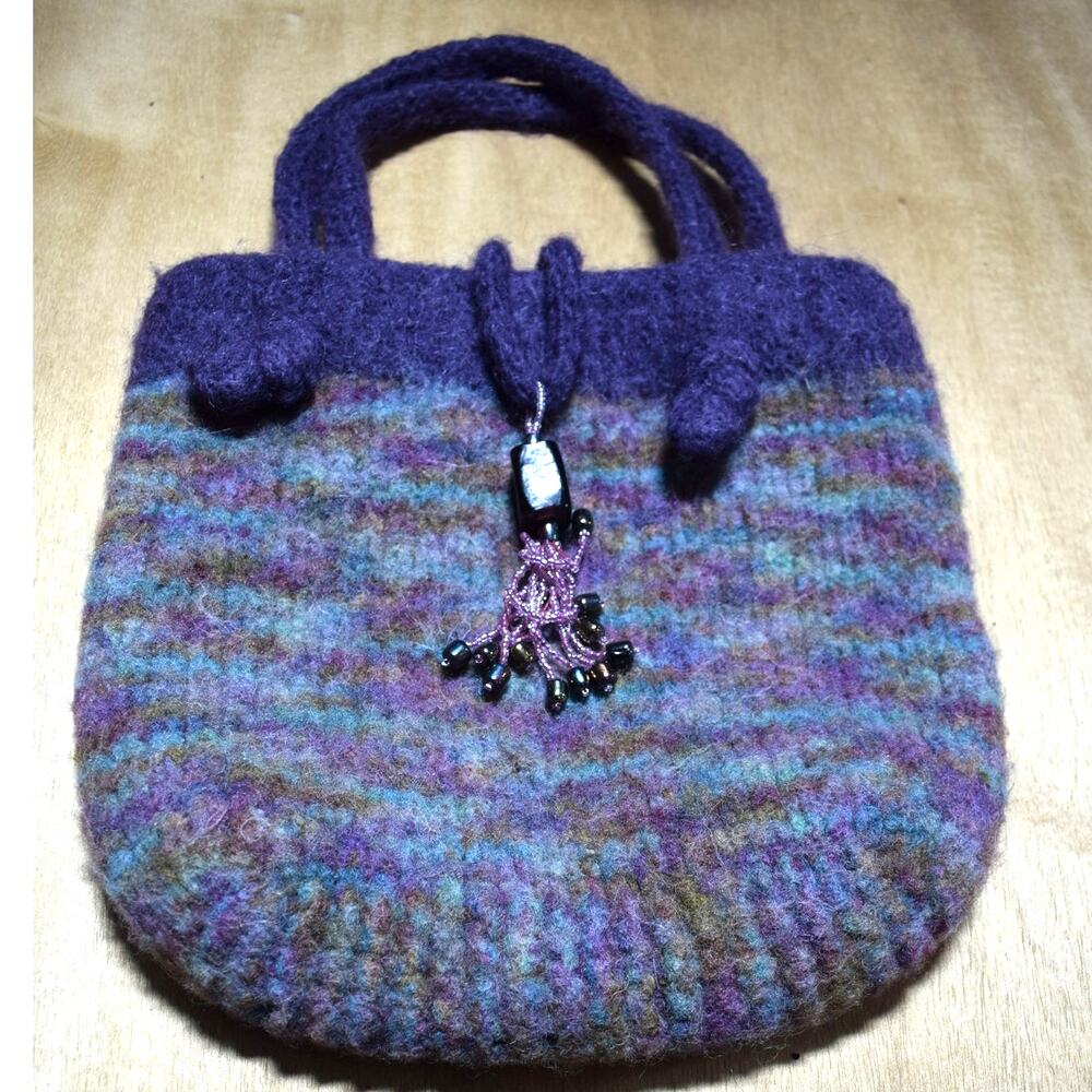 Handmade Felted Wool Tote Bag – Purple & Multicolor Striped with Beaded Accent